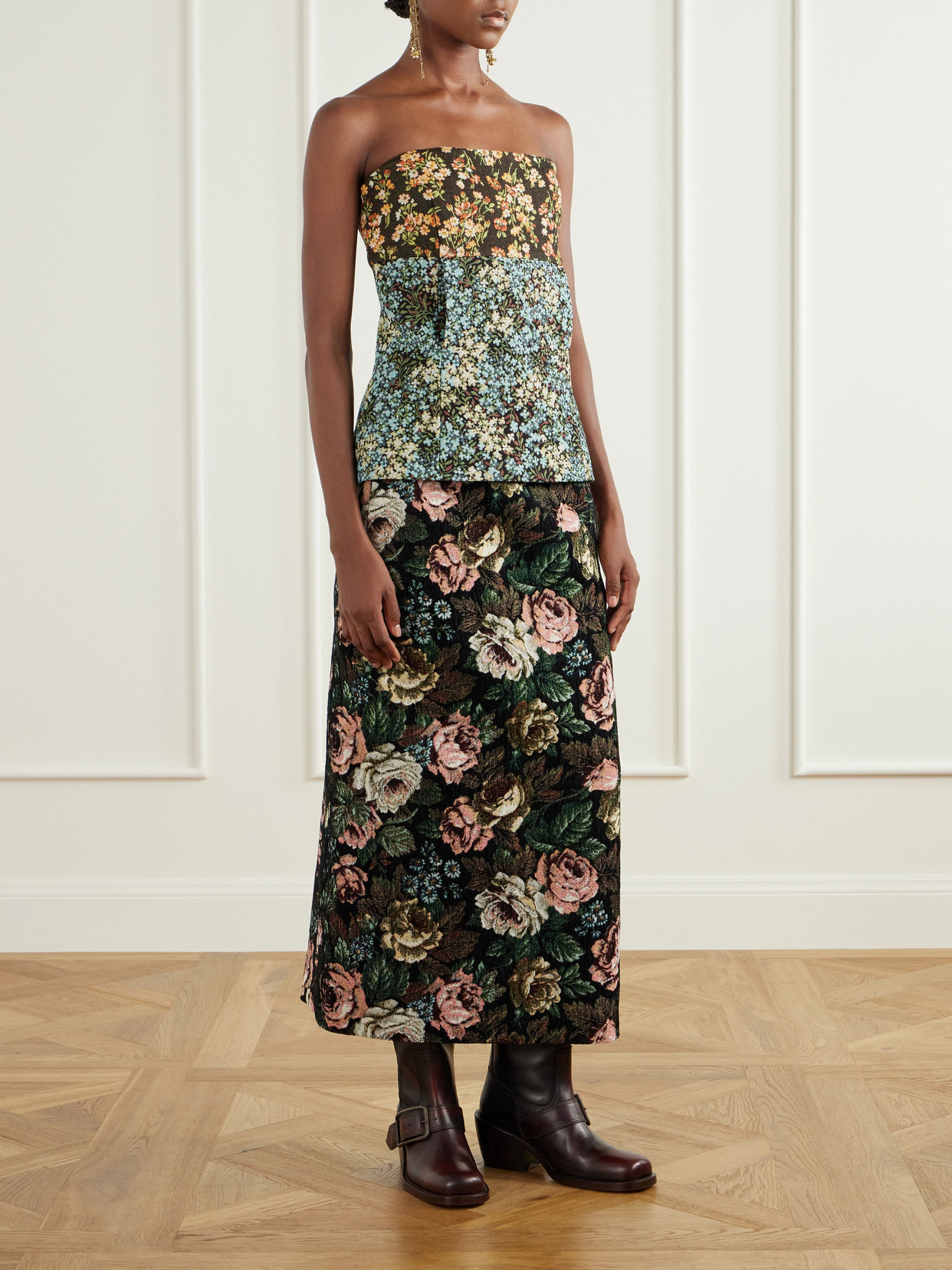 Strapless Floral-Jacquard Blouse
