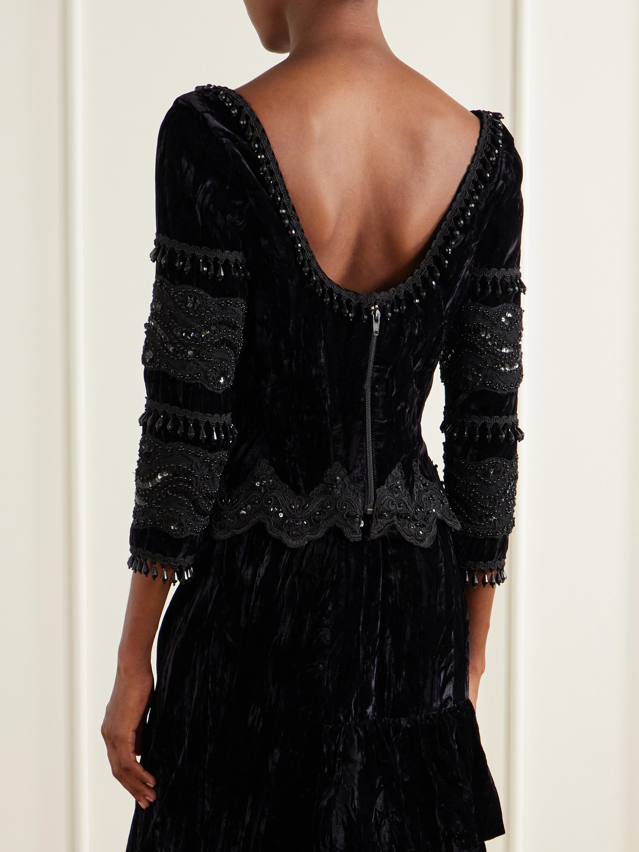 Fringed Bead-Embellished Lace-Trimmed Velvet Blouse