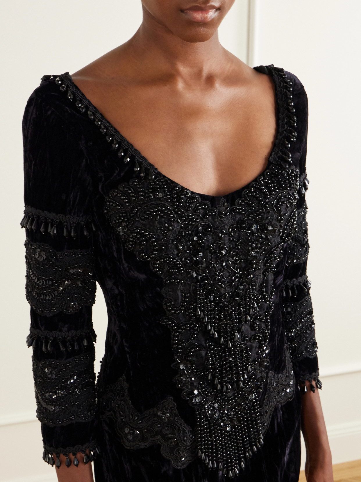 Fringed Bead-Embellished Lace-Trimmed Velvet Blouse