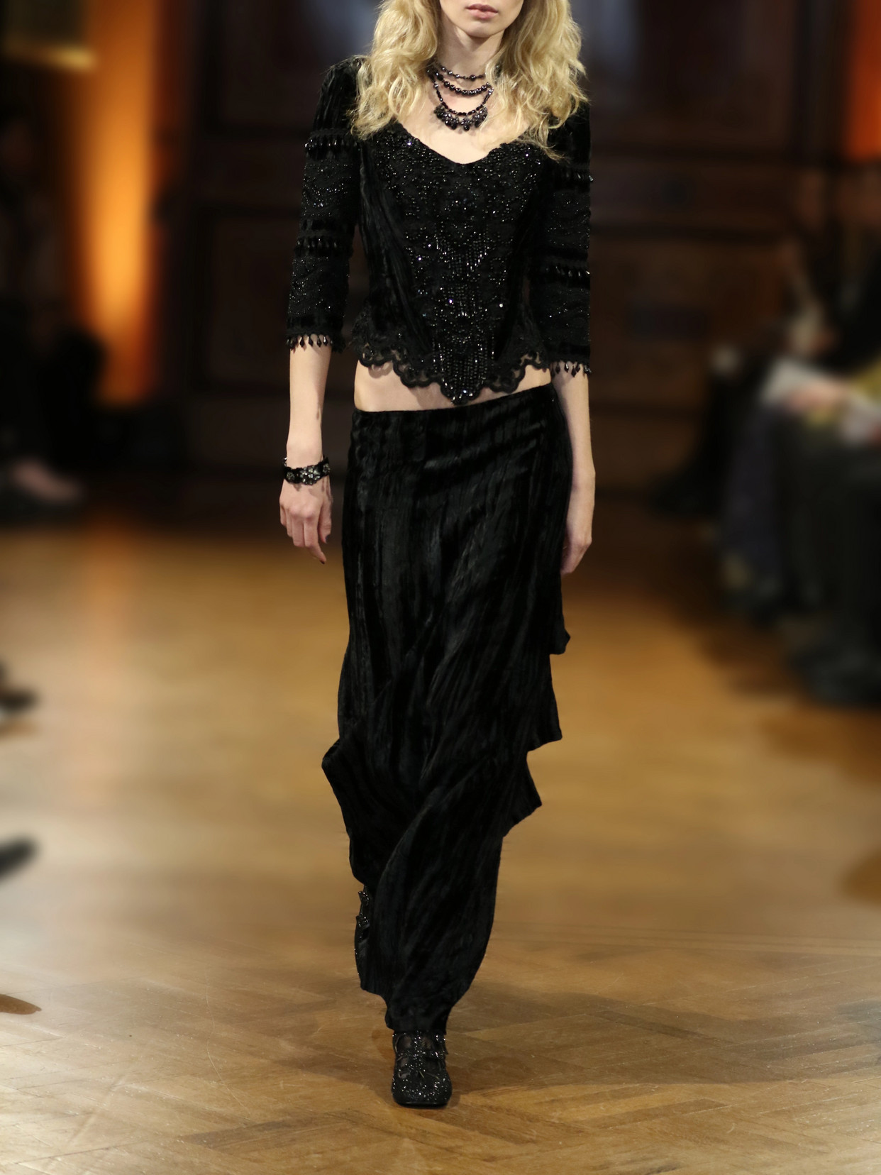 Fringed Bead-Embellished Lace-Trimmed Velvet Blouse