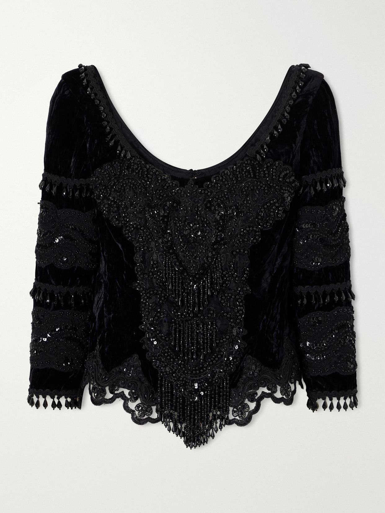Fringed Bead-Embellished Lace-Trimmed Velvet Blouse