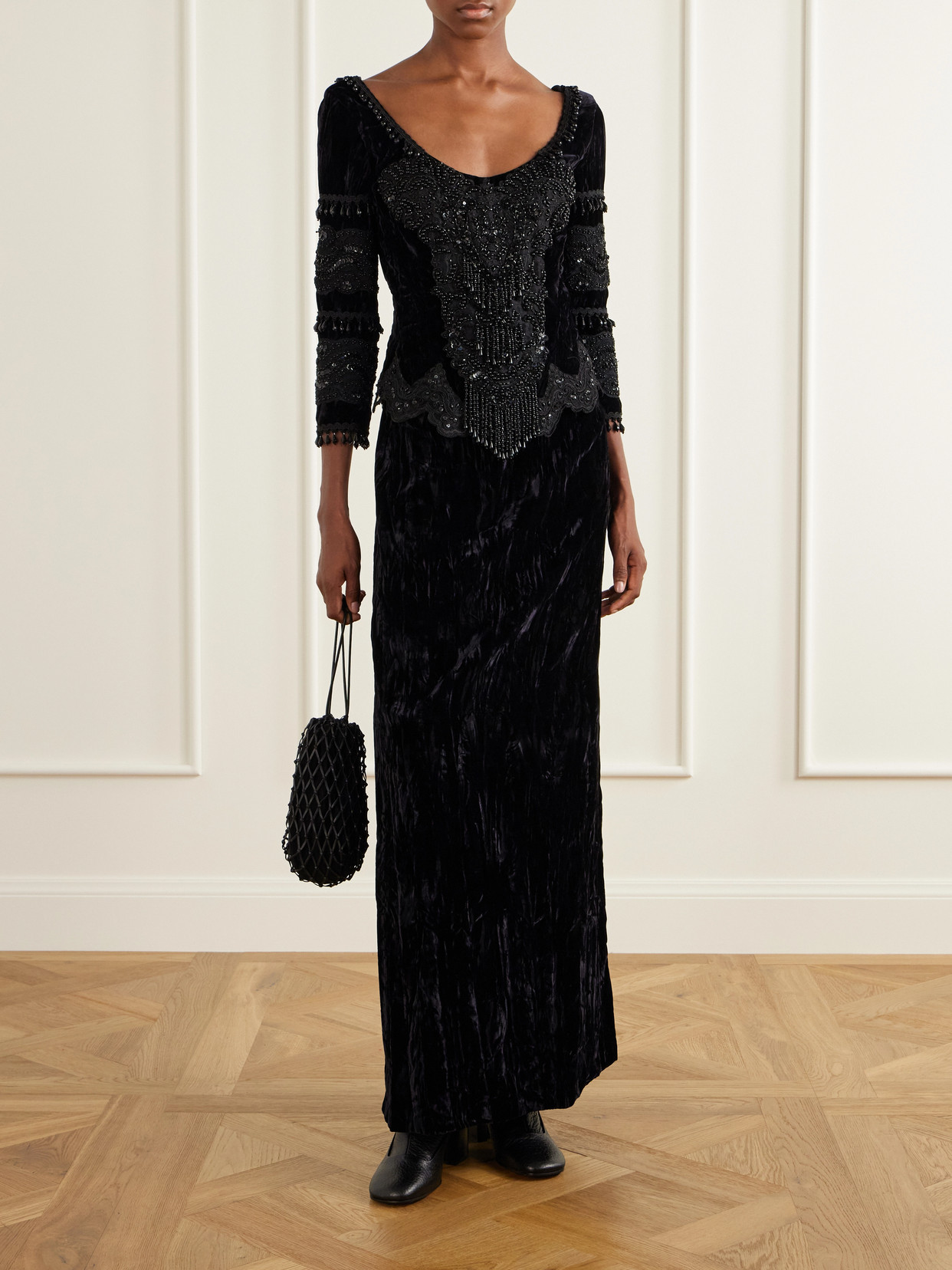 Fringed Bead-Embellished Lace-Trimmed Velvet Blouse