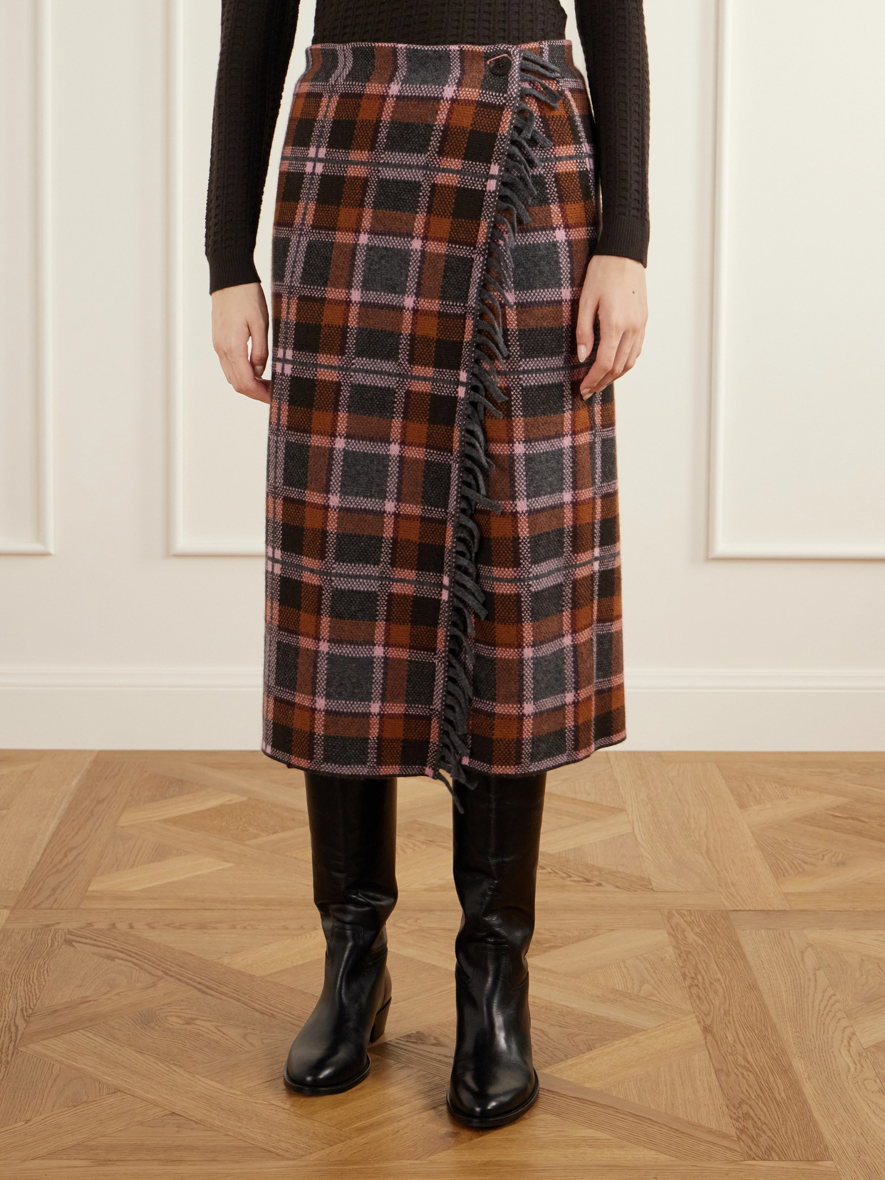 Tartan Wrap Fringed-Detail Wool And Cashmere-Blend Midi