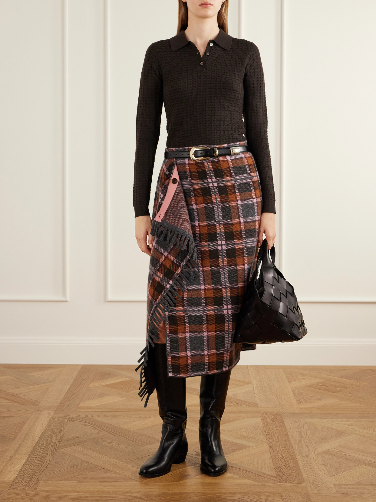 Tartan Wrap Fringed-Detail Wool And Cashmere-Blend Midi
