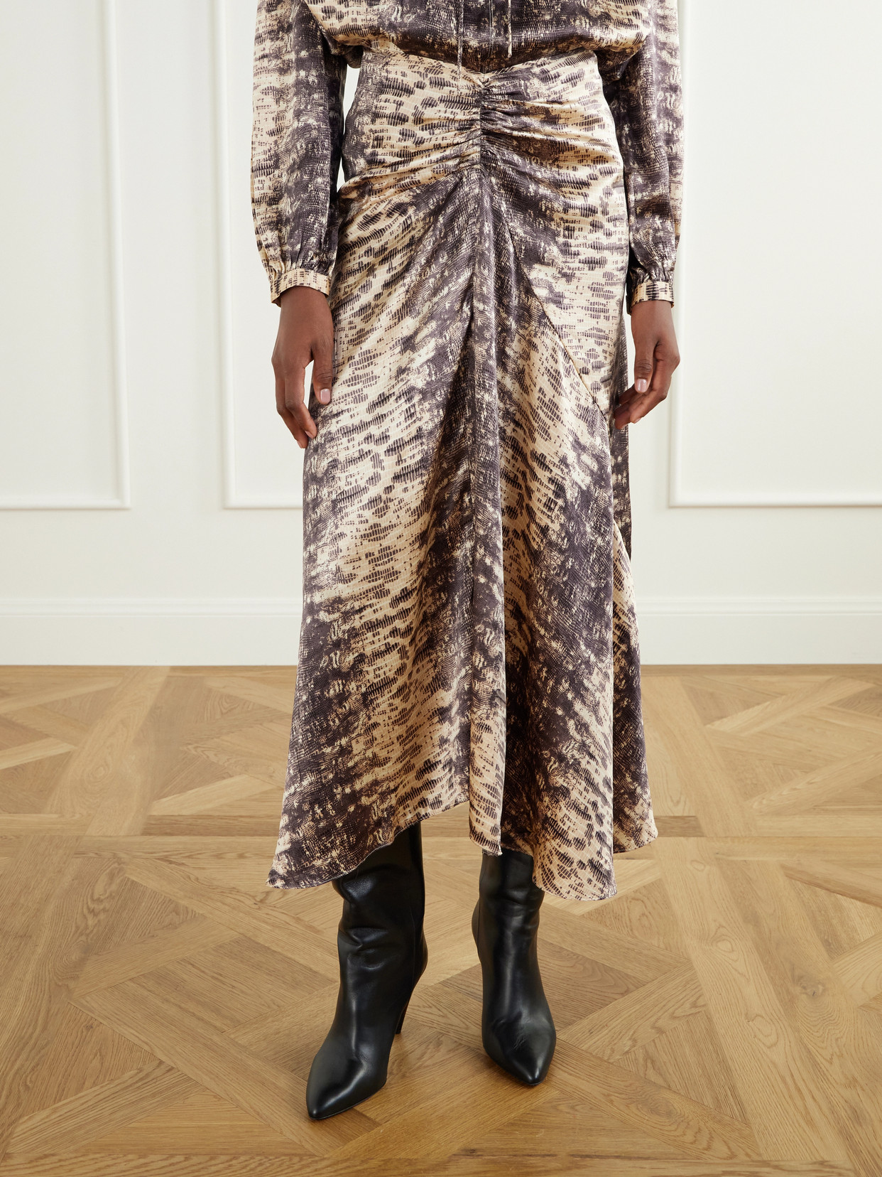 Laren Gathered Printed Silk-Crepe Midi