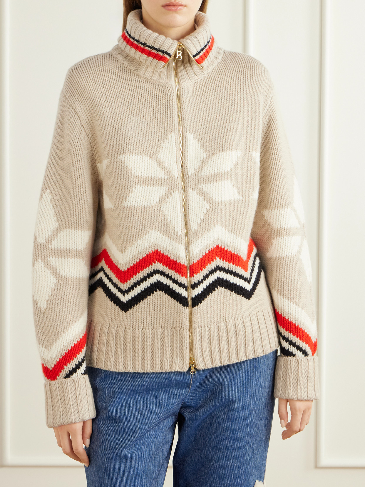 Frances Intarsia-Knit Cashmere Zip-Up Sweater