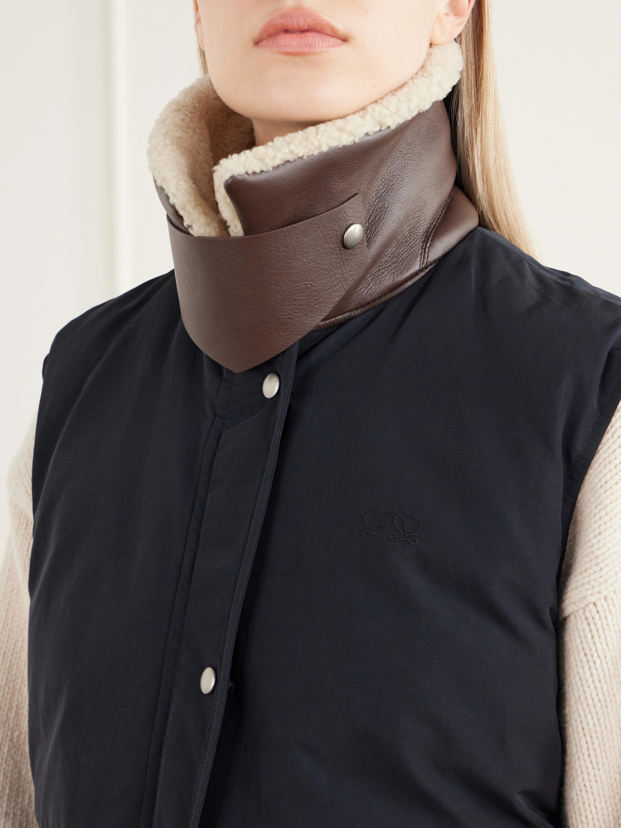 Logo-Debossed Shearling And Leather-Trimmed Cotton-Blend Canvas Vest