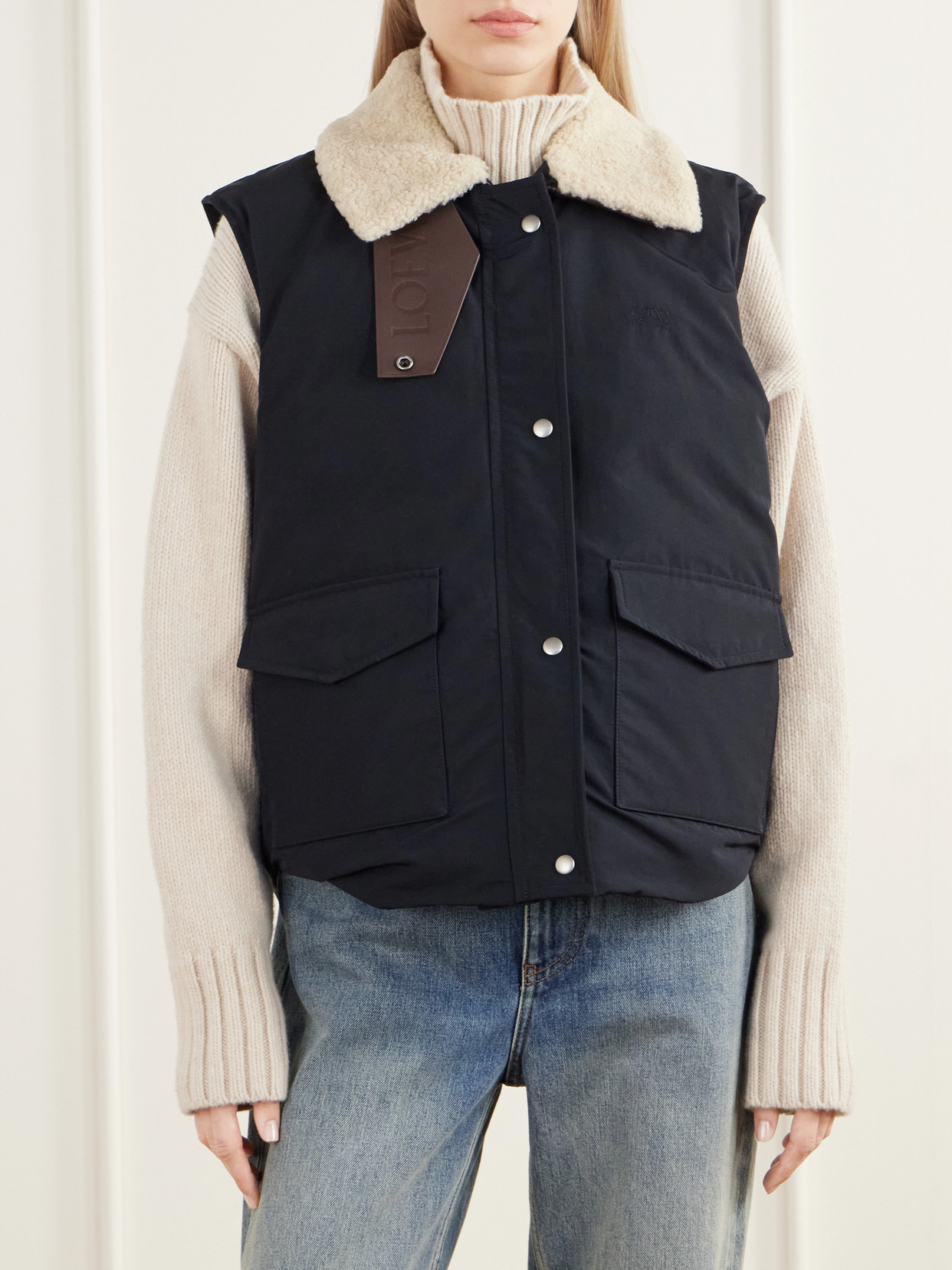 Logo-Debossed Shearling And Leather-Trimmed Cotton-Blend Canvas Vest