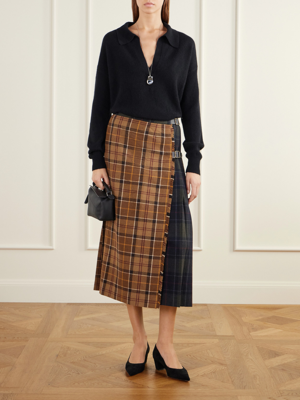 Hazelwood Two-Tone Pleated Checked Flannel Midi