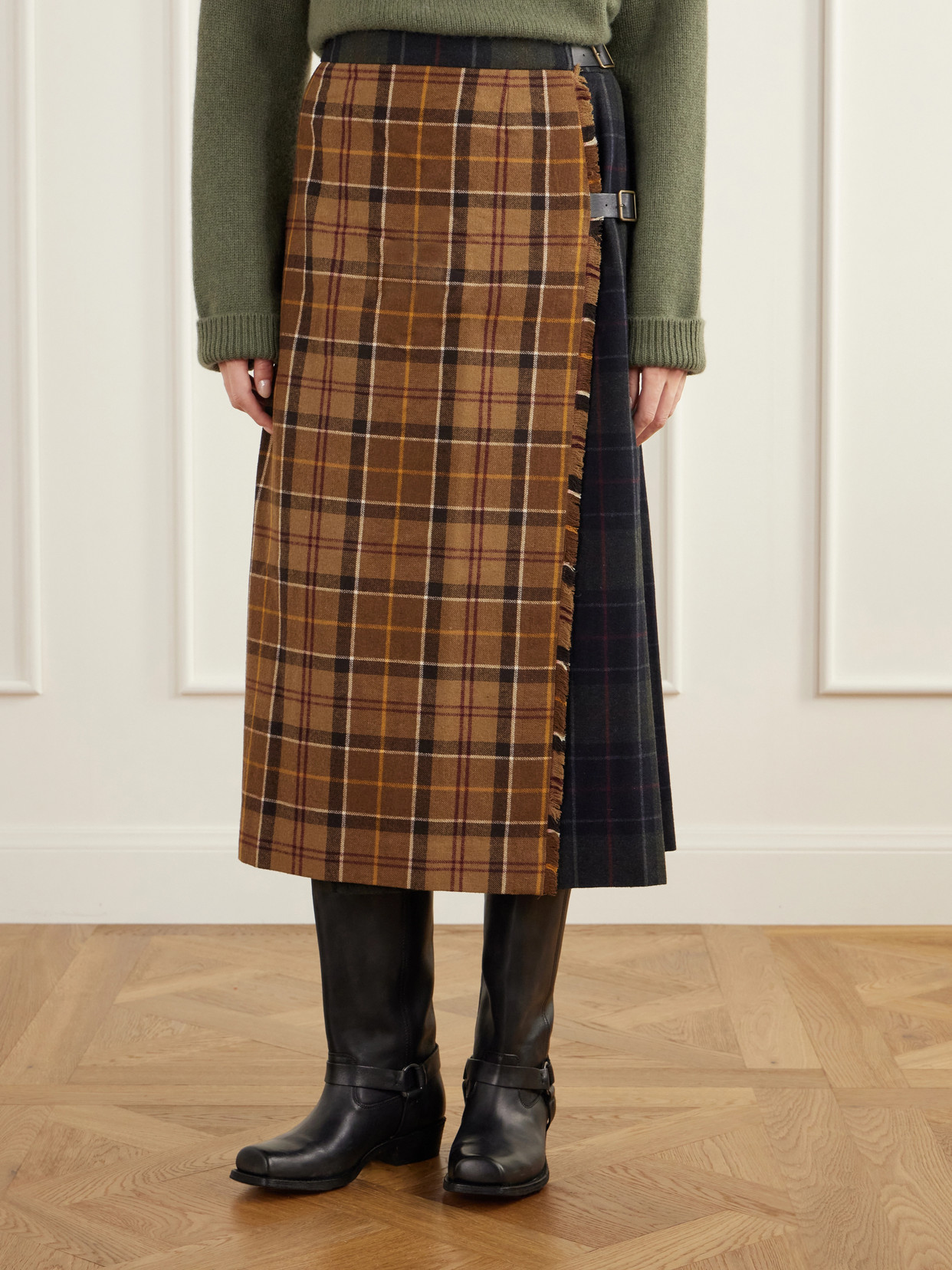 Hazelwood Two-Tone Pleated Checked Flannel Midi