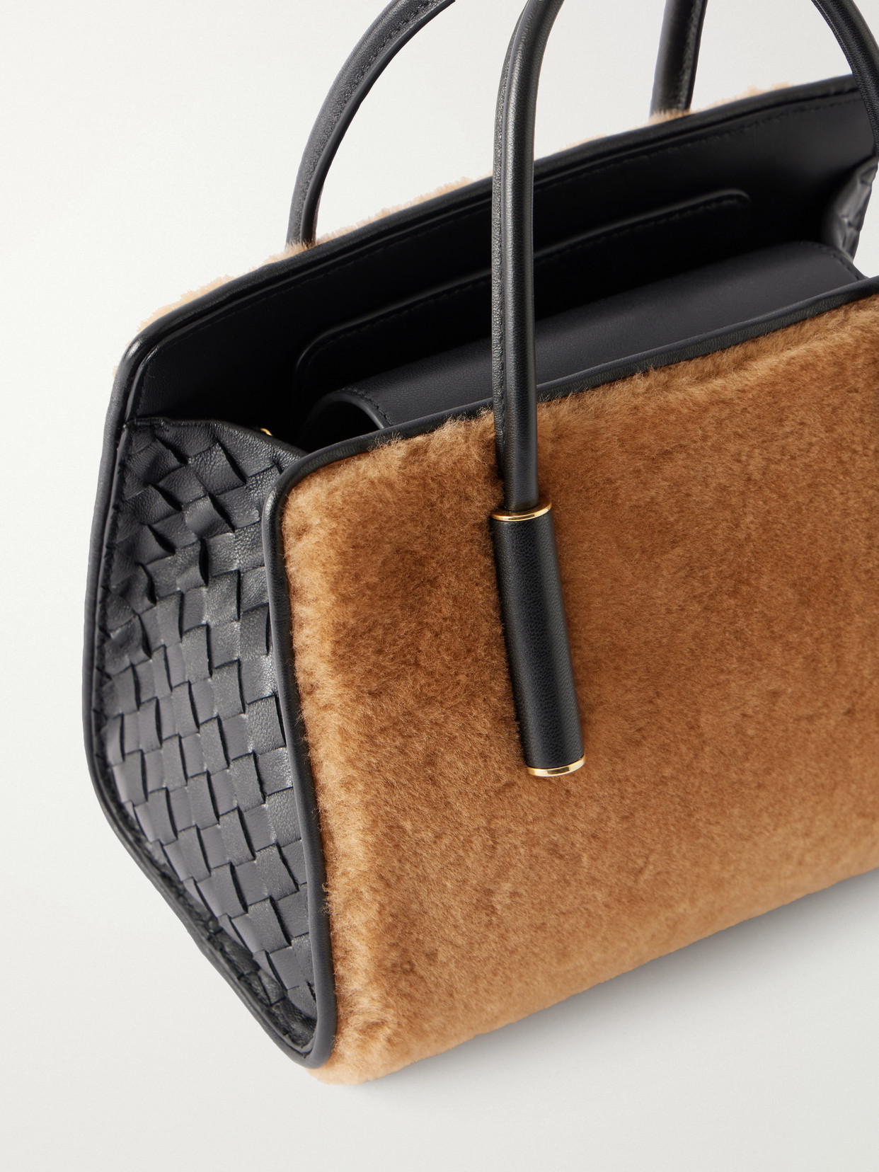 Shearling And Intrecciato Leather Tote