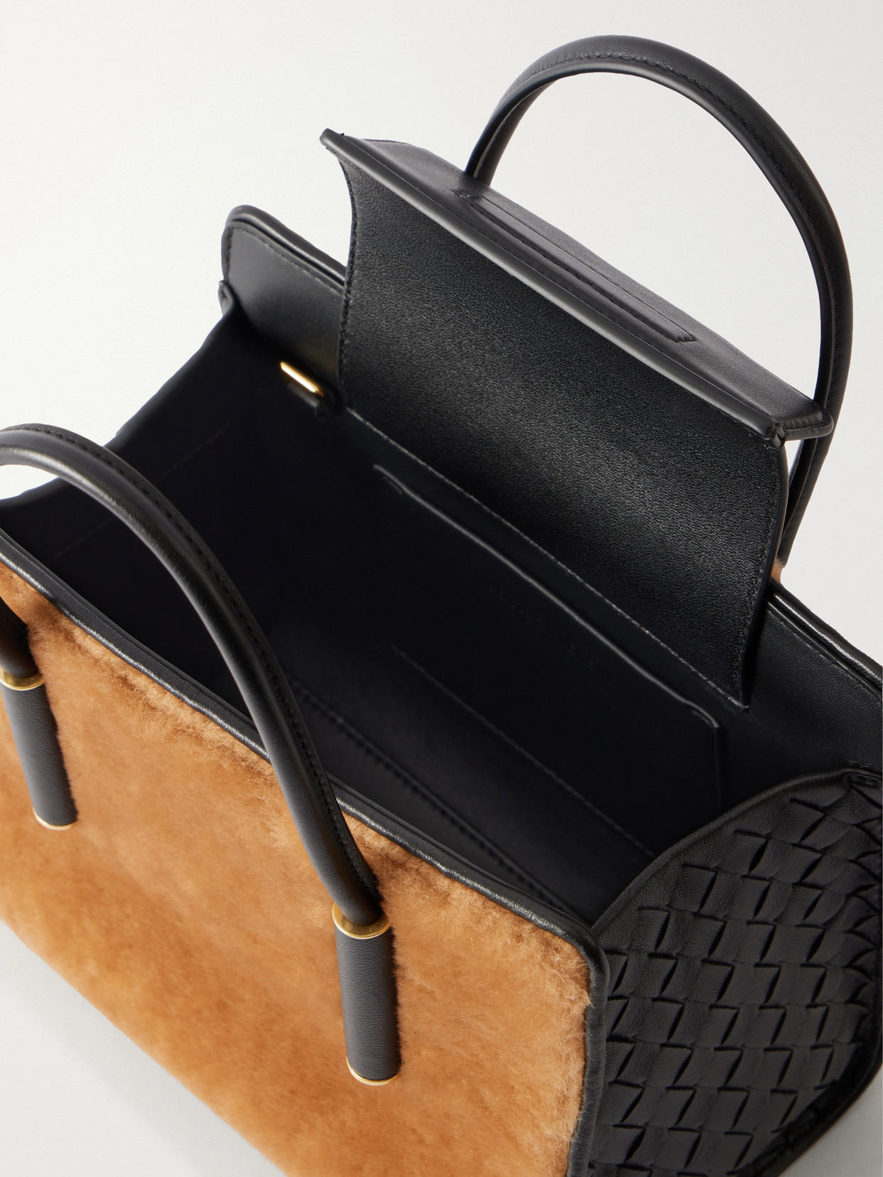 Shearling And Intrecciato Leather Tote