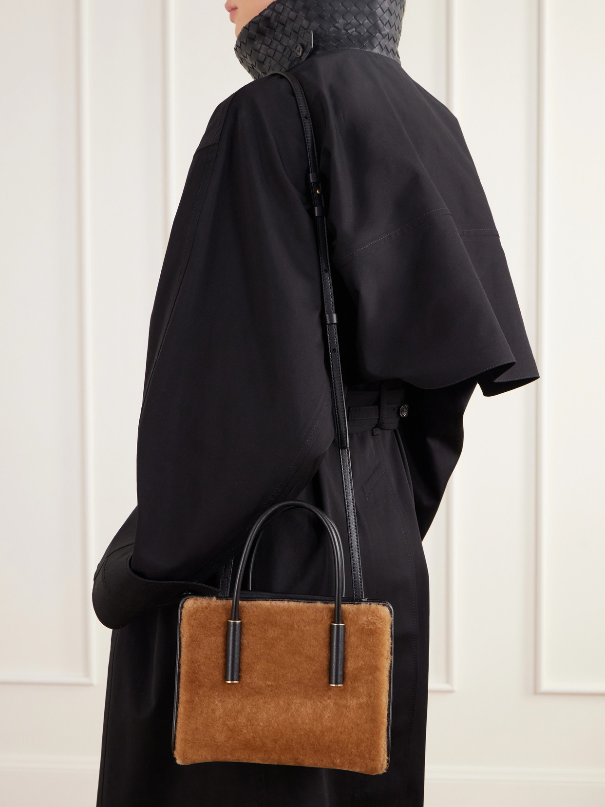 Shearling And Intrecciato Leather Tote