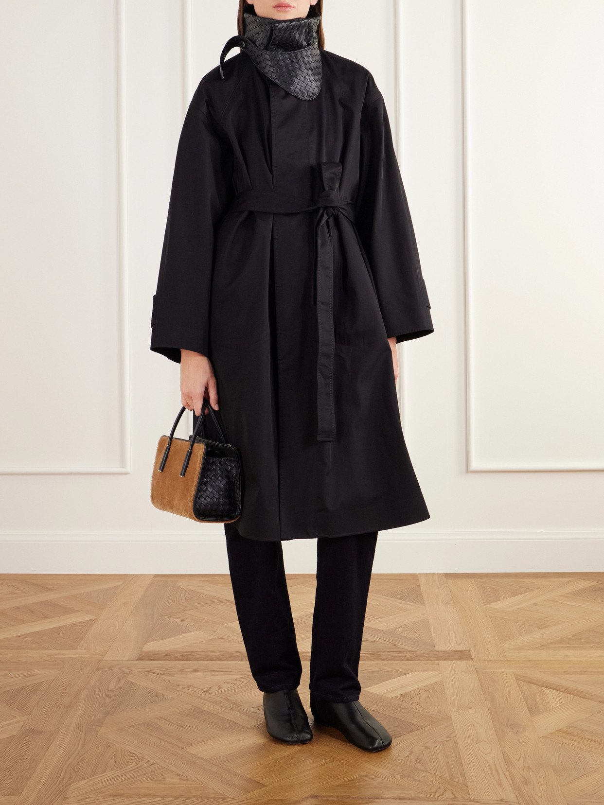 Shearling And Intrecciato Leather Tote