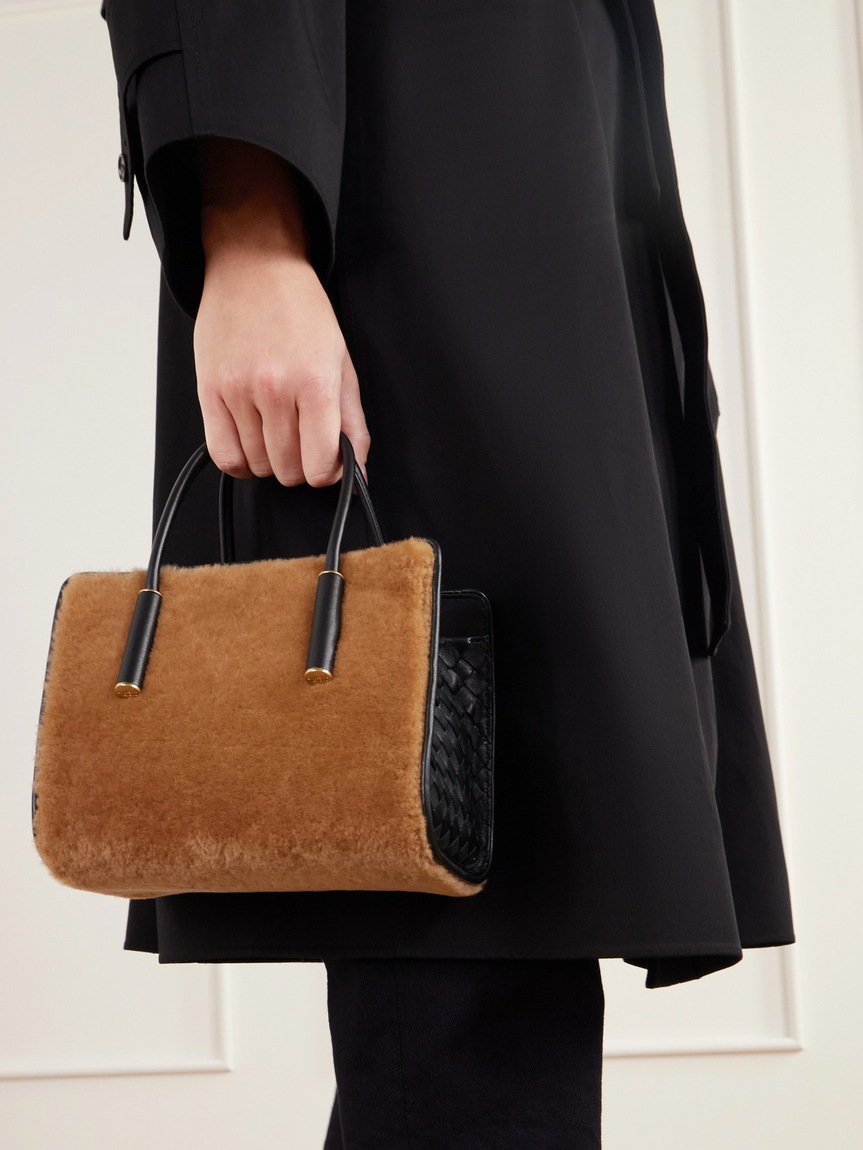 Shearling And Intrecciato Leather Tote